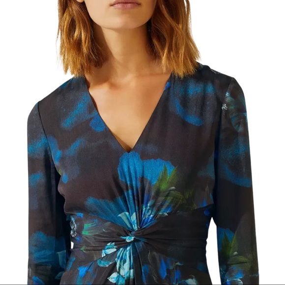 NWT JIGSAW LONDON Romantic Twist Front Navy Floral V-Neck Long Sleeve Midi Dress - Picture 2 of 16